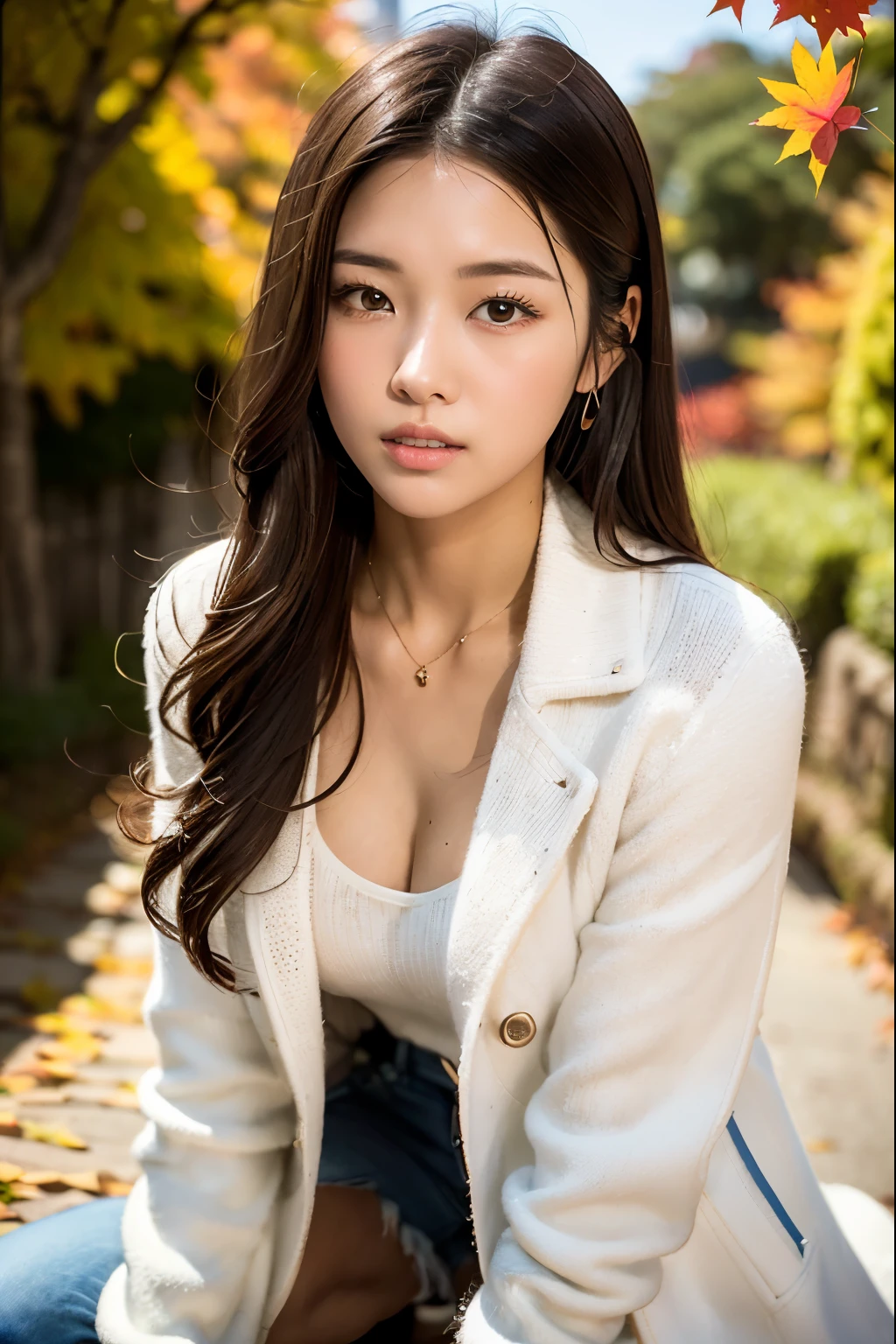 (masterpiece:1.3), high resolution, ultra detailed, extremely detailed CG unity 8k wallpaper, realistic, photo-realistic, RAW photo, (beautiful detailed face), pale skin, realistic skin, detailed cloth texture, detailed hair texture, super model, Beautiful Face, accurate, Anatomically correct, Highly detailed face and skin texture, natural neck length, (beautiful hands), (fair skin:1.2), Thin legs, Thin feet, Sexy thighs,
BREAK,
Detailed eyes, symmetrical eyes, Brown eyes, Double eyelids, Thin eyebrows, (Glossy lips:1.4), (pretty face:1.2),
BREAK,
(A Very Cute girl:1.3), ((She is Wearing a White knit long coat over the Royal-Blue tops:1.3)), (hot pants:1.2), (strap sandals),
medium large breasts, (firm breast, nicely shaped breasts, slender figure:1.1),
(layered hairstyle, Dark brown hair, wavy hair), (medium long hair:1.2),
BREAK,
(squatting leaning forward with reaching out hands:1.2), (in the Gingko tree avenue:1.2), ((view of autumn foliage scenery:1.3)),
((in the '嵐山' of '京都' in Japan:1.2)), (Cowboy shot:1.2), ((looking at viewer:1.2)), (From front:1.1),