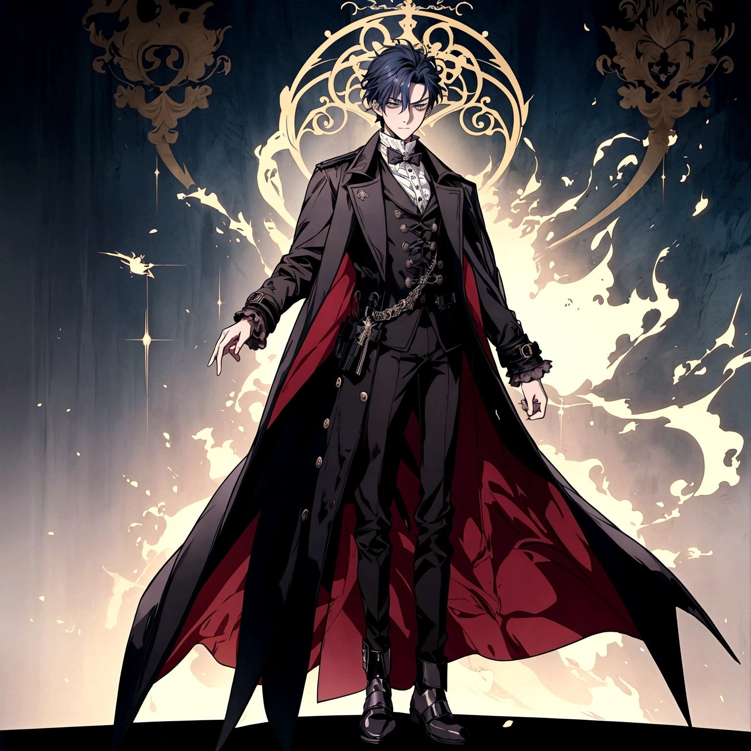 anime teenage boy dressed in victorian clothing and doing magic, holding bromstick, anime key visual of elegant, key art, official fanart, style arcane tv series, ( ( wearing a long coat ) ), spy x family, official character illustration, official art, arcane style!!!!!, official character art, key visual, dark academia, official illustration, detailed fanart, style of arcane tv series