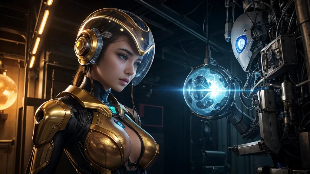 (Background of skimpy mechanical girl and octopus alien)、(Mystical expression)、highest quality、masterpiece、Super high resolution、(Photoreal:1.4)、RAW photo、1 girl、glowing skin、detailed face、(((1 Mechanical Girl)))、Heavy chest、(gold metal bodysuit)、(Natural alien background to fight aliens)、(Small LED)、((Super realistic details))、vertical giant monster background),global illumination、Shadow、octane rendering、24K、super sharp、Robot background、big breasts、Raw skin exposed in the cleavage、intricate decorative details、Japan details、very intricate details、realistic light、(Mystical expression),CG Society Trenlow Eyes、Eyes shining towards the camera、Mechanical marginal blood vessels connected to neon detail tubes)、(Wires and cables connecting to the head)、Small LED、,mechanical thighs、two stock、(Hands are also made of machines)、robot、future alien、Please wear a mechanical helmet、transparent face guard on helmet、