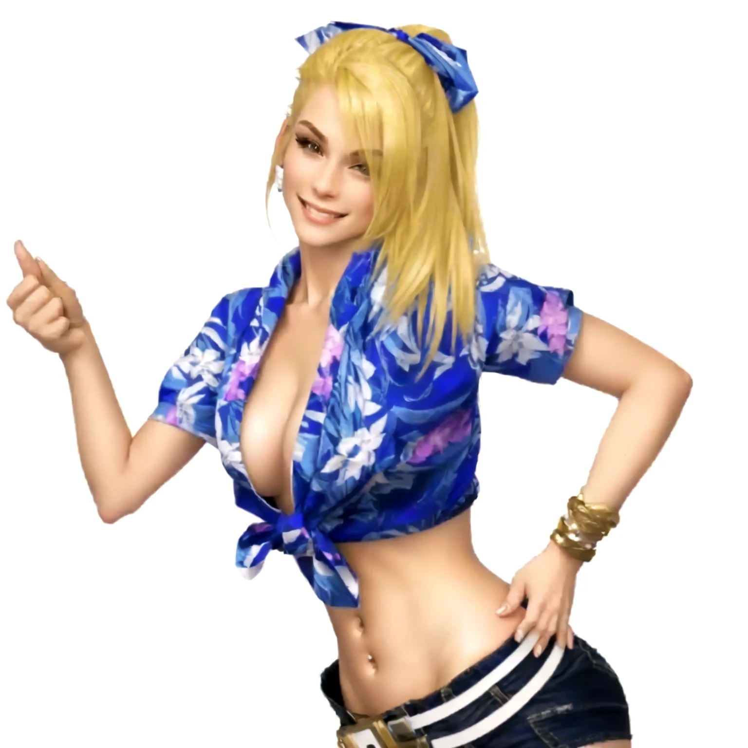 a close up of a blonde girl with a shirt on and right thump up, she's European, as a character in Out Run 2, of SEGA, 3D CG, Clarissa, 2k, 2 k, she has three bracelets on her left wrist, she is smiling. realistic, render of april, fighting game character, nina from tekken, shirt has some hawaiaan motif on it, she has a foulard tied over her head like a ribbon, she wears no bra