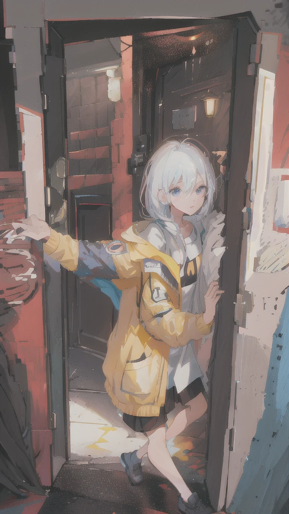 Black tone，There is a male character standing outside the door，Door Open，Back to camera，Low saturation，Wearing detective costume，Half turned back，A slight smile，Unburned papers scattered on the ground，There is a small amount of burning smoke in the air，Sunlight shining through the door，There is only red outside the door，Pure picture，Wear a shirt，Wear the jacket on your right hand，Open the door with your left hand