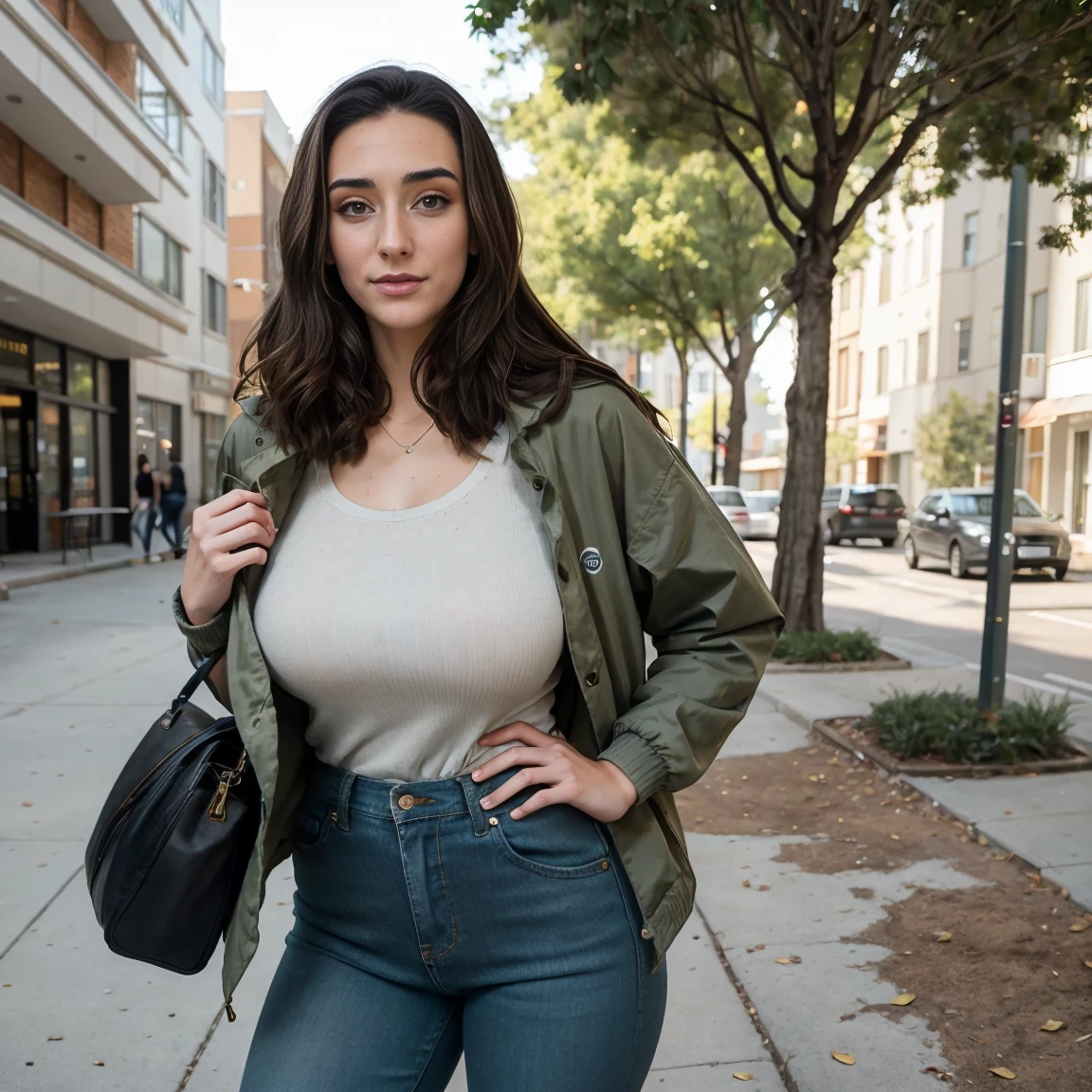 Extremely busty thin and toned brunette photographer, college girl, fair skin, loose side sweep, soft face, athletic, tight olive green casual windbreaker, skinny jeans. standing in front of her apartment building, outdoors, city, camera bag, shoulder strap