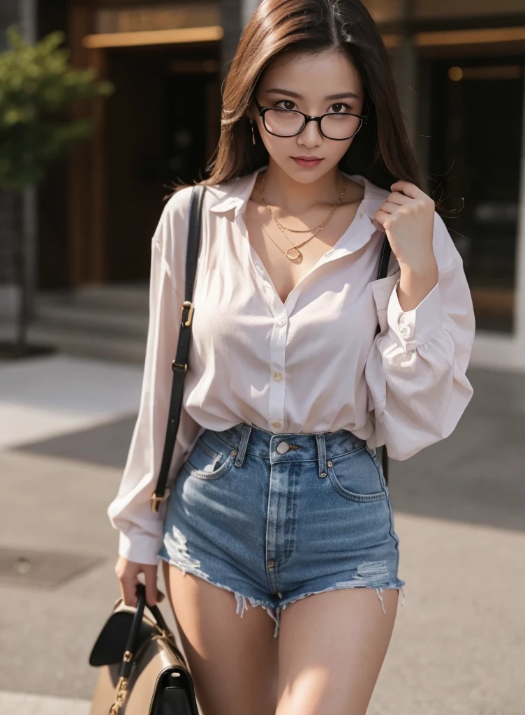 there is a woman with glasses and a necklace posing for a picture, with glasses, with square glasses, with long hair, headshot profile picture, professional profile picture, wearing thin large round glasses, girl with glasses, with glasses on, wearing square glasses, thick glasses, a young asian woman, wearing small round glasses, 1girl, black hair, realistic, ultra detail,  big , perfect , perfect
