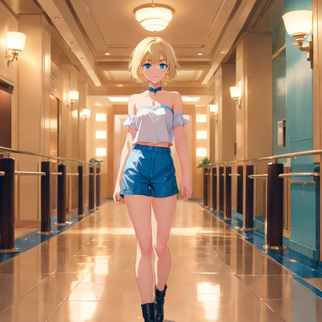 s old Women, ((Blonde)), ((Blue eyes)), ((Short hair)), ((Full shot)), very detailed makeup, pale pink lipstick, long earrings, standing in a hall of hotel, wearing a strapless lace bra, sexy latex shorts, black boots with heels, ((wet Floor)) ((Full Body))