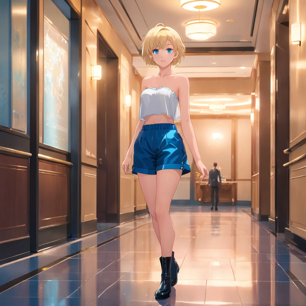 17 years old Women, ((Blonde)), ((Blue eyes)), ((Short hair)), ((Full shot)), very detailed makeup, pale pink lipstick, long earrings, standing in a hall of hotel, wearing a strapless lace bra, sexy latex shorts, black boots with heels, ((wet Floor)) ((Full Body))