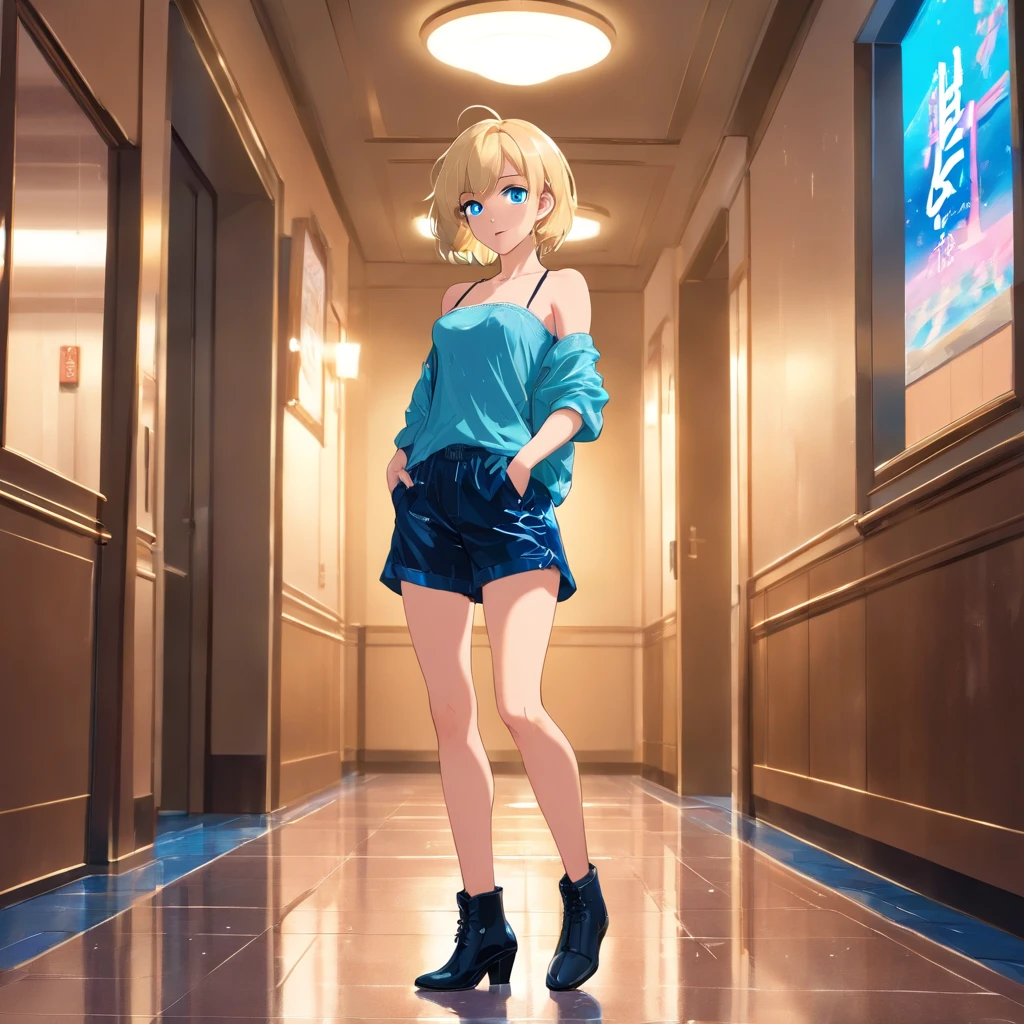 Women, ((Blonde)), ((Blue eyes)), ((Short hair)), ((Full shot)), very detailed makeup, pale pink lipstick, long earrings, standing in a hall of hotel, wearing a strapless lace bra, sexy latex shorts, black boots with heels, ((wet Floor)) ((Full Body))