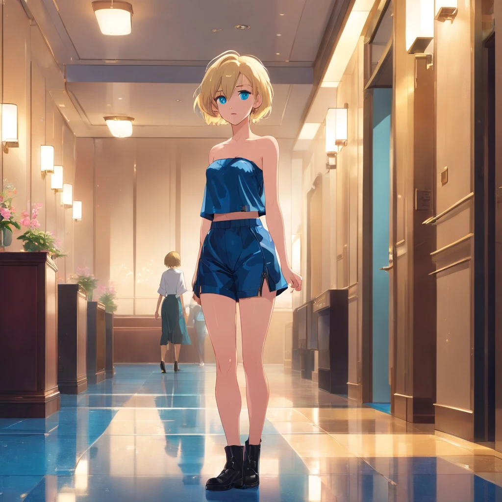 17 years old Women, ((Blonde)), ((Blue eyes)), ((Short hair)), ((Full shot)), very detailed makeup, pale pink lipstick, long earrings, standing in a hall of hotel, wearing a strapless lace bra, sexy latex shorts, black boots with heels, ((wet Floor)) ((Full Body))