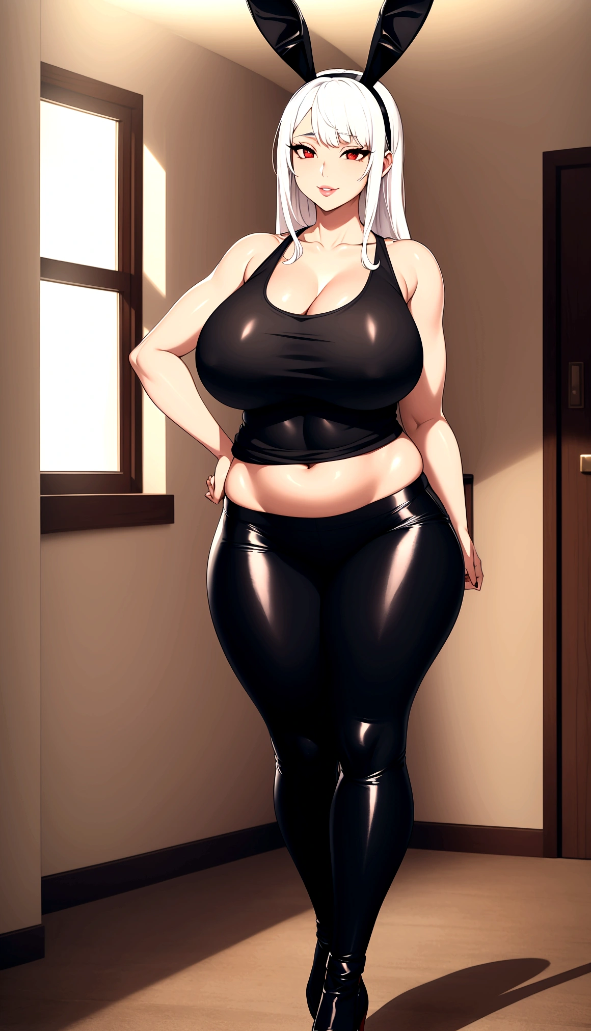 ((high aesthetic)), art by kipteitei, absurdres, absurd resolution, highly rated, highres, art by kipteitei, high resolution, best quality, masterpiece, full body, (facing viewer), 1girl, ((solo)), indoors, clothed, perfect face, perfect eyes, neneneji, tight outfit, smile, natural skin texture, 4k textures, hdr, intricate, highly detailed, puffy lips, thick lips, hyperdetailed, mature female, white hair, long hair,  ears, red eyes, tan skin, black tank top, black pants, skinny