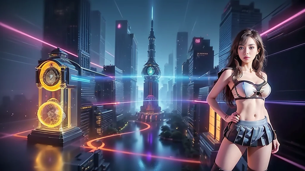 At night, (((aerial view of futuristic sci-fi cyberpunk city, skyscrapers, (((flying cars))), (vortex-spirit-spreading giant hologram (((clock tower))) as time machine), high quality))). Matrix style, (1girl, solo), photo realistic, (((large-breast:1.2 slim body, cleavage:1.3, perfect face, tube top, short pleated (((miniskirt)))))), (((((matrix style black (sunglasses), aiming at viewer with a (mini rifle):0.3))))), (((dynamic pose, half-body (thigh level) medium shot))), cinematic lighting.