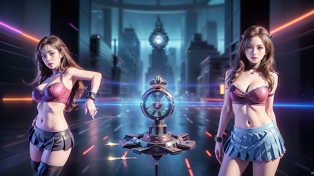 At night, (((aerial view of futuristic sci-fi cyberpunk city, skyscrapers, (((flying cars))), (vortex-spirit-spreading giant hologram (((clock tower))) as time machine), high quality))). Matrix style, (1girl, solo), photo realistic, (((large-breast:1.2 slim body, cleavage:1.3, perfect face, tube top, short pleated (((miniskirt)))))), (((((matrix style black (sunglasses), aiming at viewer with a (mini rifle):0.3))))), (((dynamic pose, half-body (thigh level) medium shot))), cinematic lighting.