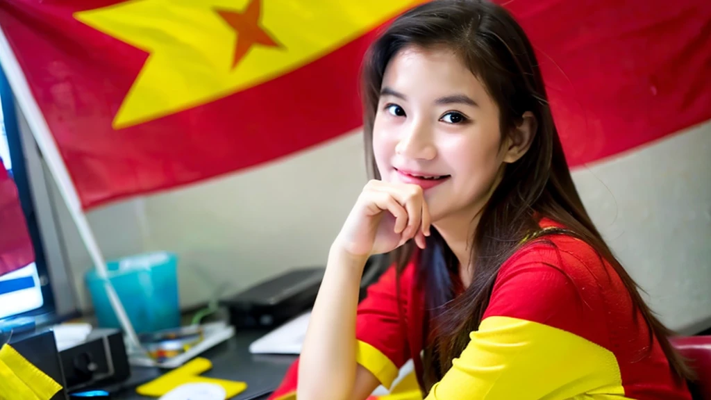 1 girl glass in studio , chill , Red flag yellow star ( Vietnam flags) 