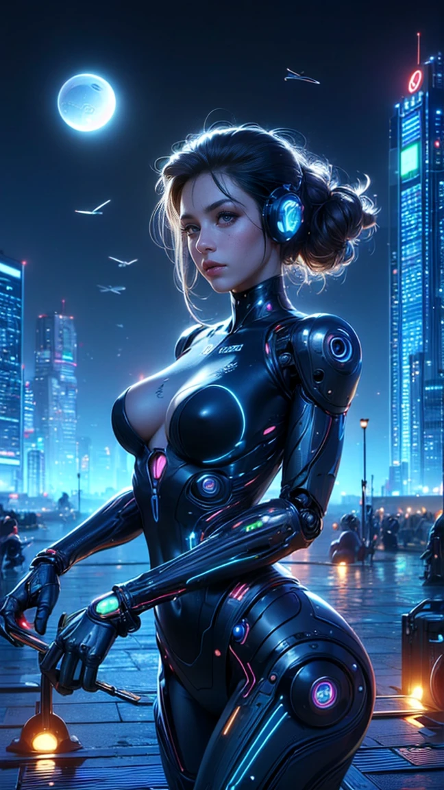 top quality, future world, State-of-the-art robot, Beautiful Woman, flying hair, Transformed into a cyborg except for the face, sexy images, whole body photo, ((Athlete, short put, pulling out the metal ball))