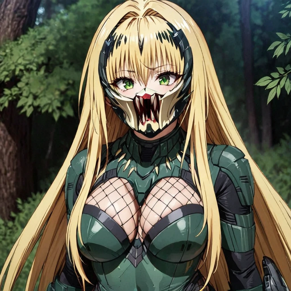 ((Highest quality)), ((masterpiece)), (detailed), (Perfect Face)、The woman is a Predator named Tearju, with green eyes, blonde medium-long hair, a Predator suit, a Predator mask, and a face that resembles a Predator. She is a complete female Predator, and is hunting humans in the forest with her fellow Predators.