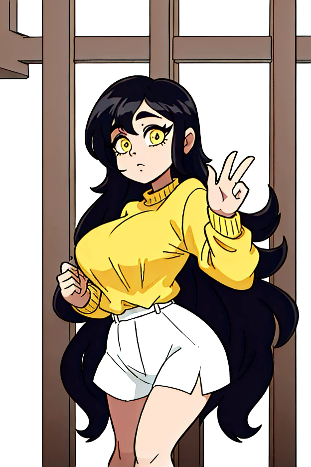 cool posee,Score6, black hair, long hair,yellow sweater