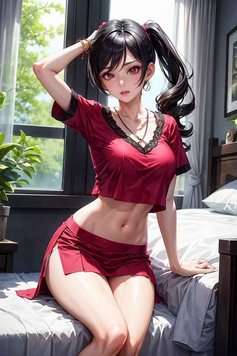 woman, sexy woman, female, mommy, black hair, red eyes, detailed eyes, detailed lips, big breasts, midriff peek, doctoruniform, sit with crossed legs, bedroom, evil smile, seductive lips, looking back crop top overhang, adjusting hair, pony tail, skirt