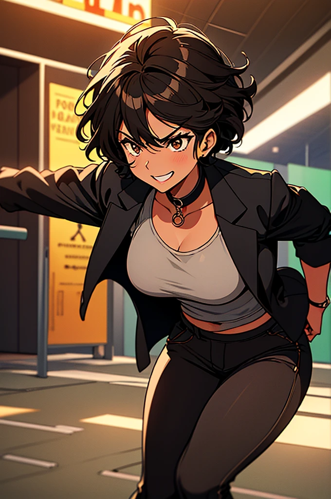 melhor qualidade)), ((Obra de arte)), (detalhado), 1 adult woman with black race, mulatta, very curly hair, short hair above the neck, brown skin, brown eyes, medium breasts, black tank top, black pants, open black jacket, emo style, threatening appearance, frightening smile, in a tournament, during a fight.