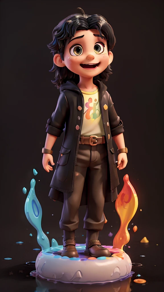 A lush 3D representation of (child Jesus Christ) with an hourglass, (Biblical clothing), (((majestic pose))), (((piercing gaze))) beaming with joy, his expressive eyes shining with joy as he laughs with open mouth. black background with a large puddle of multicolored paint, the characters have charming features that captivate the viewer the background has colorful splash effects, (((puddle of multicolored paint on a black background surrounding the character) )), The black background shines with a puddle of paint behind 3D characters. Created with Unreal Engine, Octane Engine and Vray, disney, cartoon network, with a style inspired by Pixar.