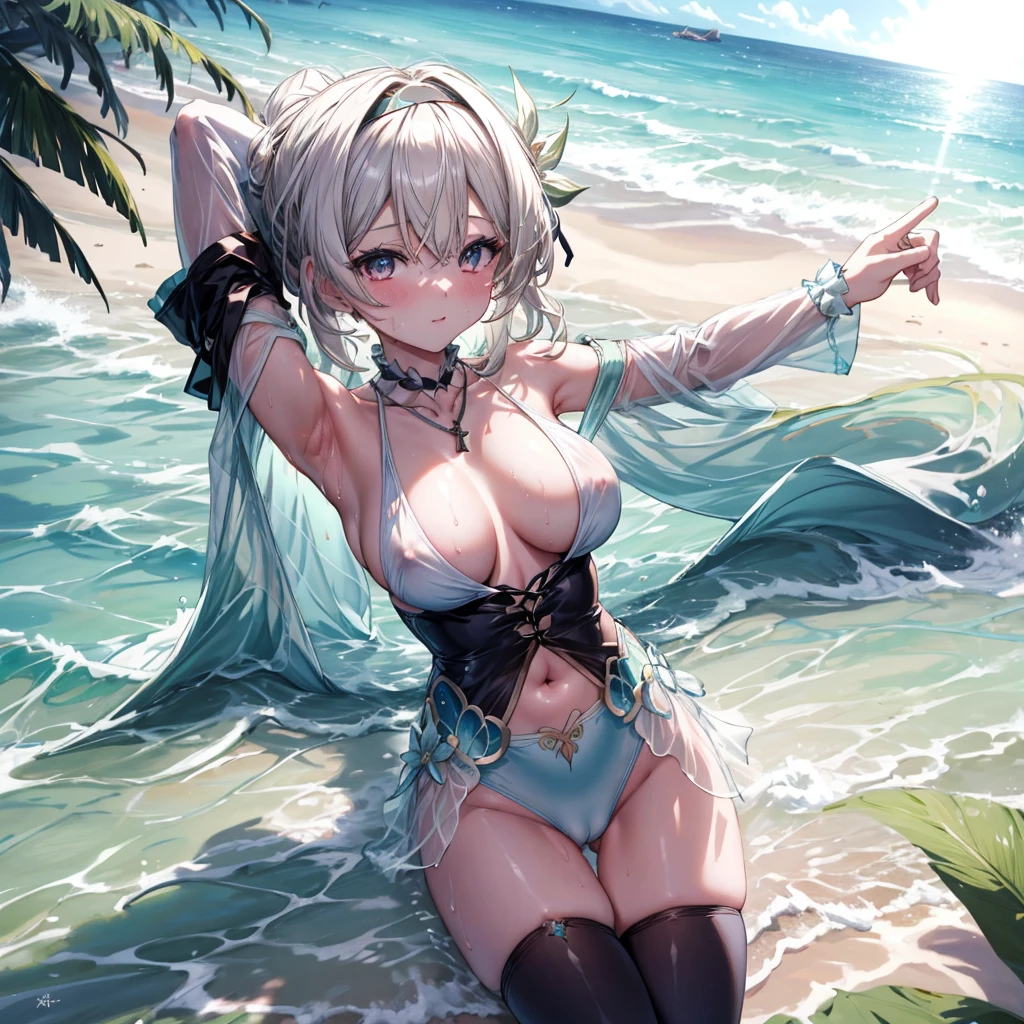 ((Highest quality)), ((masterpiece)), ((detailed)), (4K), (nsfw), an anime drawn sexy girl on the beach by water with tropical drink, 1girl, breasts, 独奏, swimsuit, 比基尼, armpits, looking at viewer, mouth hold, cleavage, single thighhigh, arms up, navel, lightgreen 比基尼, large breasts, underboob, long hair, lightblown hair, ponytail, jewelry, on back, necklace, hairband, thighhighs, aroused, tying hair, (see through), sweat, (wet), cameltoe, (show off nipple)