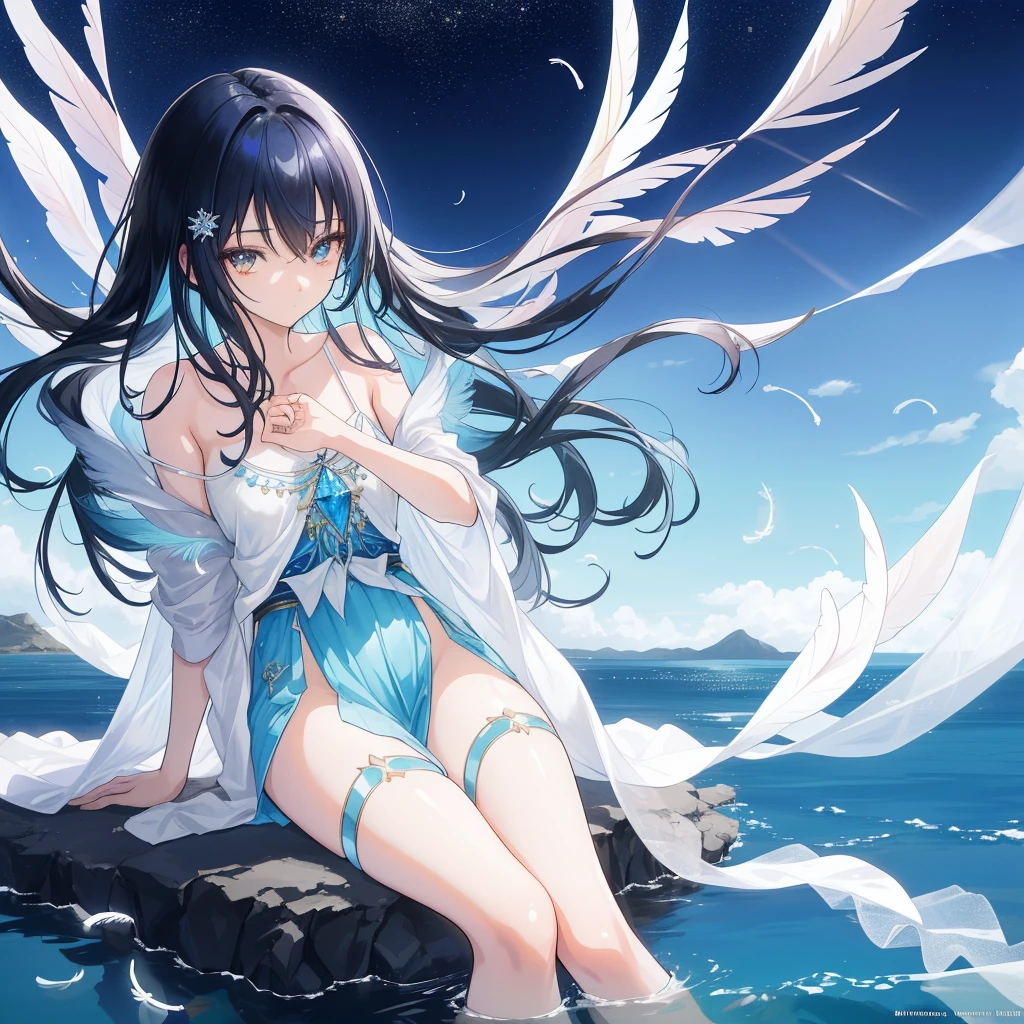 ((A long shot)) of a black haired anime teen girl, (sitting near a (river), ((strong sunlight)), cinematic light, slim body, skin is perfectly healthy, soft, and smooth, Extremely delicate and beautiful CG illustration, best quality, high resolution, dynamic angle, full-length lens, (1 girl), floating, soft light, high-key lighting), glowing light, blue halo, feathers fluttering background, blue crystal, ((very cinematic)), ((half naked))