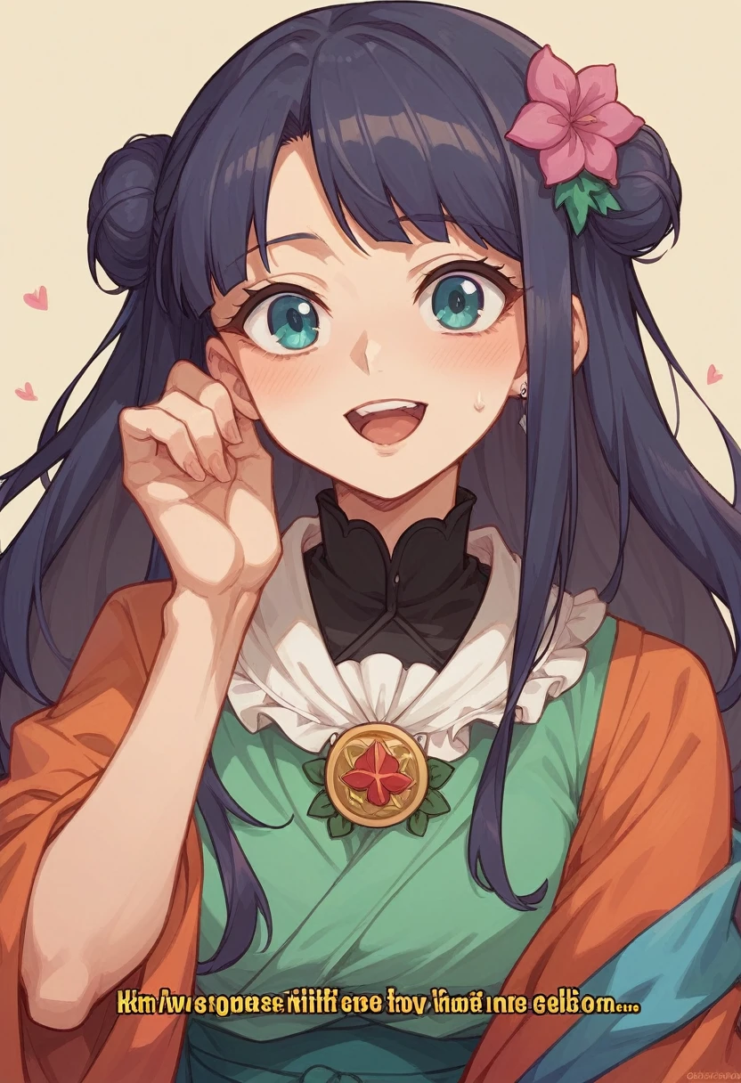 Una princesa llamada Kaori logo de una Movie texto Kaori princesa hermosa tipo Ghibli con kimono de hace flores de jazmín bonitas en su cabeza( princess Kaori text) Movie