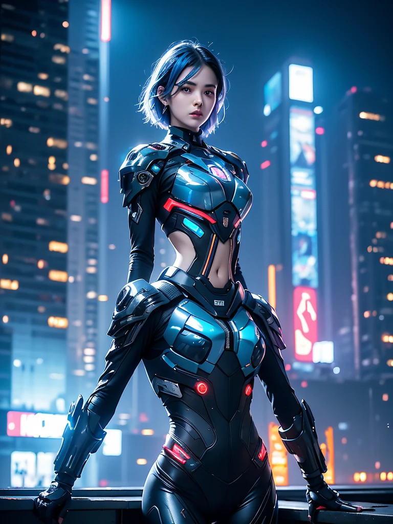 best quality, realistic photo, raw photo thin waist, full body, torn suit, pussy, underboob, small breasts, small ass, skinny thighs, platinum blue hair, short hair, detailed face, detailed eyes. In the neon-lit night city, standing on the rooftop of a high-rise building, around 18 years old, Rendered in a realistic cyberpunk style, she was wearing a power suit rich with mechanical details. The power suit was designed with advanced technology, featuring intricate mechanical parts on her arms and legs, and a glowing emblem on her chest. Her pose was active and ready for combat, one hand thrust forward, and the other hand clenched into a fist. Her expression was filled with determination, and her eyes, staring straight ahead, radiated a strong sense of resolve. In the distant sky, drones were flying, and the entire city was bathed in a futuristic glow. The perspective was slightly elevated, looking down on her, emphasizing her strength and determination.