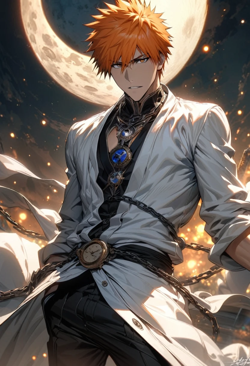 absurdres, highres, ultra detailed, HDR, master piece, best quality, extremely detailed face and eyes, perfect face, Kurosaki Ichigo, expressive brown eyes, orange hair, bleach, solo, sexy man, handsome, white coat, black pants, clock mechanical moon, fantasy, chains, fireflies