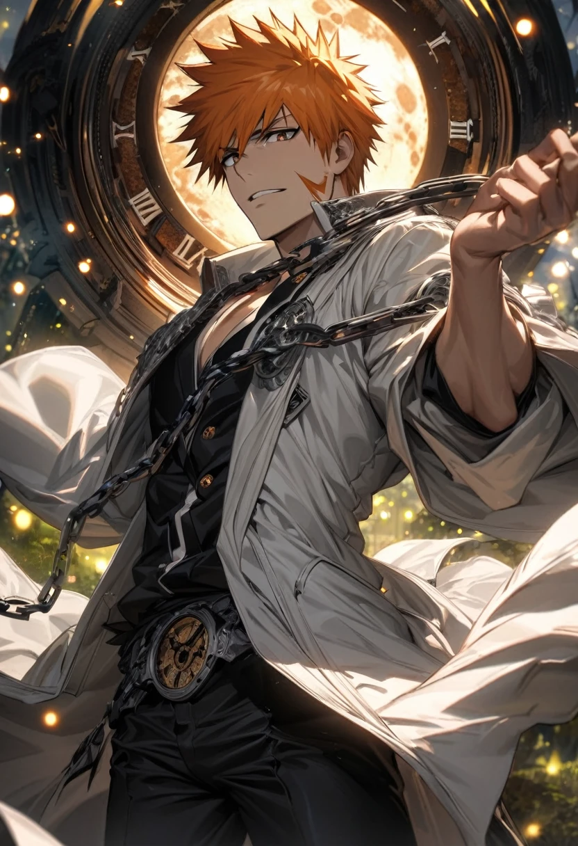 absurdres, highres, ultra detailed, HDR, master piece, best quality, extremely detailed face and eyes, perfect face, Kurosaki Ichigo, expressive brown eyes, orange hair, bleach, solo, sexy man, handsome, white coat, black pants, clock mechanical moon, fantasy, chains, fireflies