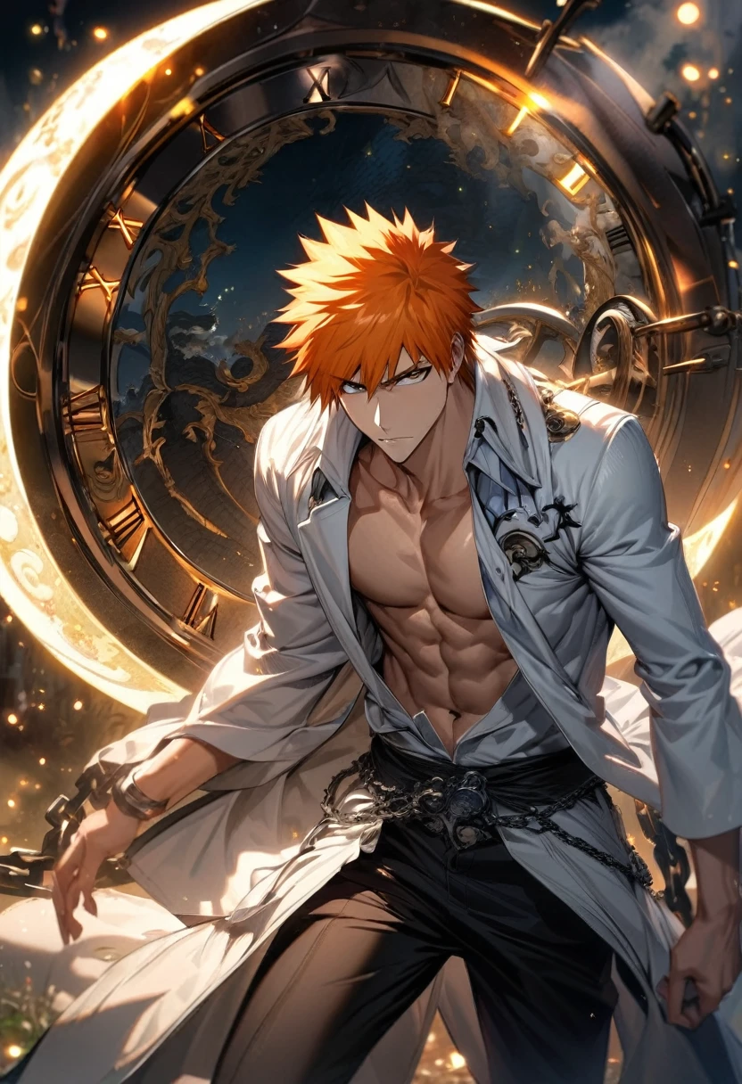 absurdres, highres, ultra detailed, HDR, master piece, best quality, extremely detailed face and eyes, perfect face, Kurosaki Ichigo, expressive brown eyes, orange hair, bleach, solo, sexy man, handsome, white coat, black pants, clock mechanical moon, fantasy, chains, fireflies