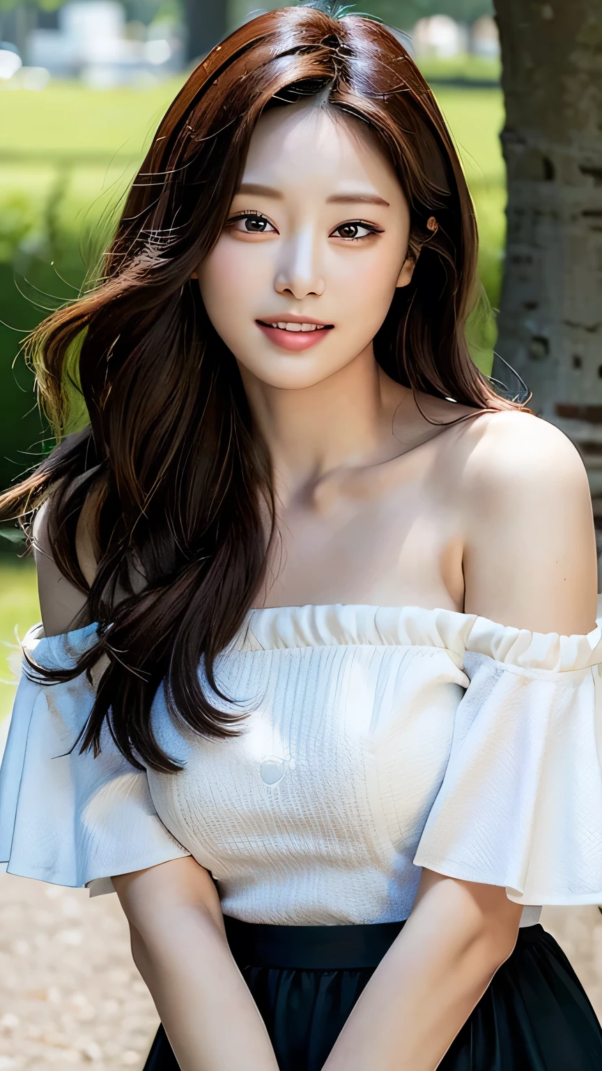 Highest quality, masterpiece, Ultra-high resolution, (photoRealistic:1.4), RAW Photos,One girl, alone, Realistic, lips, Black Hair, View your viewers, Iris, teeth, Long Hair, Hair on one eye, parted lips, nose, close, Brown Hair, Simple Background, Brown eyes, Black Dress, Off the shoulder,(smile：1.1)、Stand facing forward:1.5、In town、The background is a park：1.5,White Skirt：1.3、I can see your knees：1.5