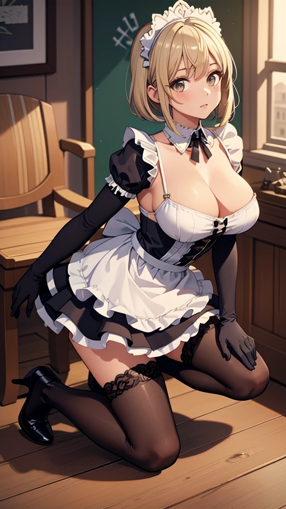 (masterpiece, best quality), 1girl, Ash Blonde Curly Bob with Side Part, Sizes M to Z breasts, maid headdress, maid outfit, black gloves, black thigh highs boots, heels