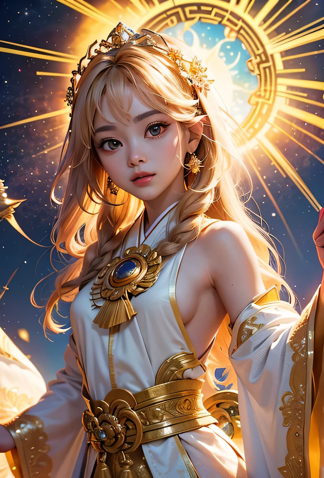 "Child of the Sun, Goddess of Love": Within a sacred sanctuary bathed in sunlight, depict the figure of a sun goddess who governs love, facing forward and emanating divine radiance. She is a , around 3 years old. Zoom in to focus on her face, with a gleaming orb of light in her hands, representing the life-giving power of the sun. Her hair is shimmering gold, and she is wearing a traditional miko outfit as seen in Japanese shrines. The background should be predominantly gold, evoking a sense of divine splendor, with numerous heart-themed objects expressing the beauty of love. The setting is in heaven, enveloped in soft, bright light, where one can find tranquility and peace of mind, free from any trace of anxiety.Straight-on.