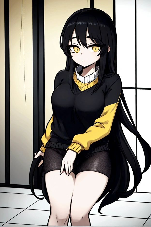 cool posee,Score6, black hair, long hair,yellow sweater