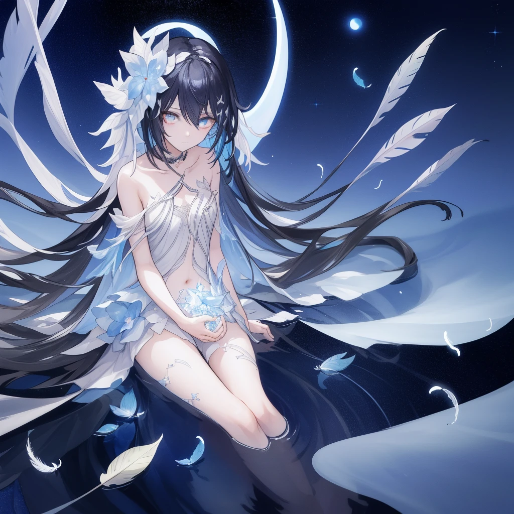 ((A long shot)) of a black-haired anime girl, (sitting near a river), ((strong moonlight)), cinematic light, slim body, skin is perfectly healthy, soft, and smooth, Extremely delicate and beautiful CG illustration, best quality, high resolution, dynamic angle, full-length lens, (1 girl), floating, (soft light, high-key lighting), glowing light, blue halo, feathers fluttering background, blue crystal, ((very cinematic)), ((half naked))