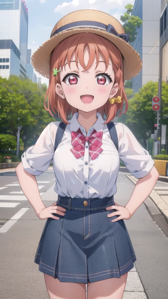 (((pixel-perfect, detail-perfect))), 独奏, 1girl, Chika Takami, uranohoshi , bowtie, looking at viewer, smile, :d,Casual clothing,Cute hat,