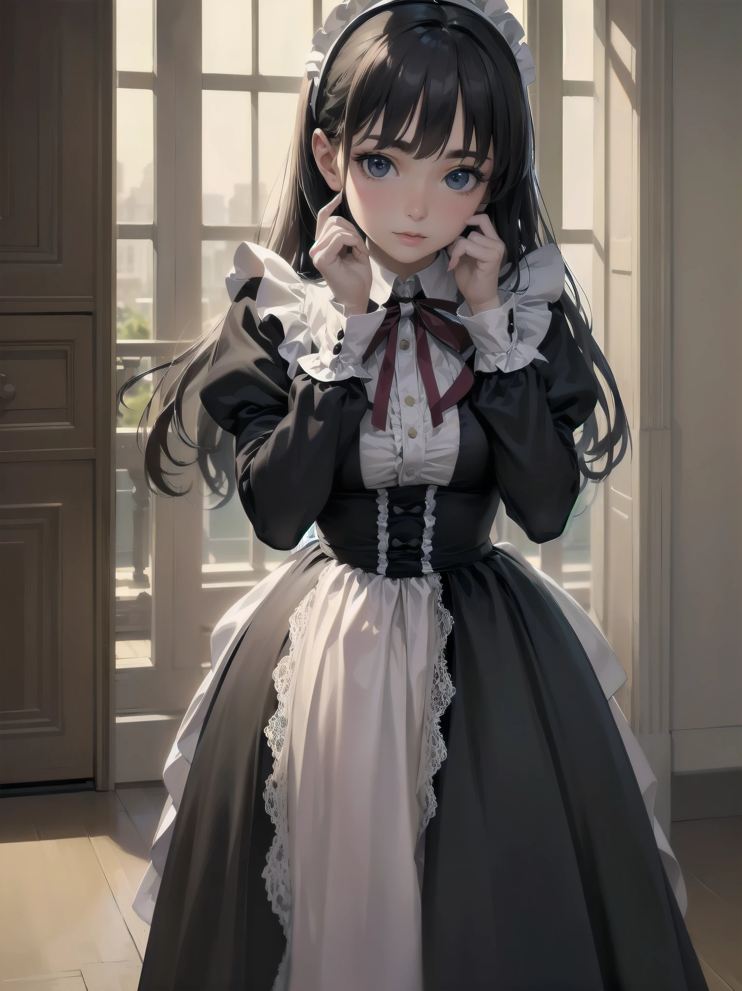 (Highest quality、16K、masterpiece、Ultra-high resolution、Victorian era、Photorealistic:1.2)、A delicate Lolita girl, 6、Cute pose super maid、