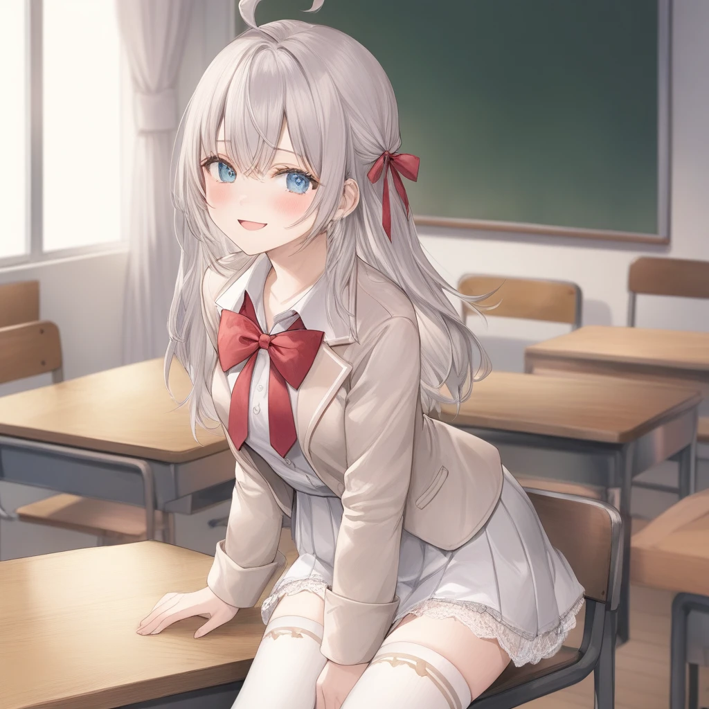 ((best quality, high resolution)), (delicate illustration), (pastelcolor:0.6), (watercolor:0.3), ((beautiful:1.3)), 4k, 1 girl, tareme, cute, (happy), long hair, blue eyes, grey hair, hair between eyes, bangs, ahoge, , open jacket, collared shirt, red bow, long sleeves, pleated skirt, hair ribbon, red bowtie, white shirt, beige blazer, ((White thighhighs:1.5)),zettai ryouiki, (lift skirt), (()), (((Well designed White Lace panties))), Long Hair with Feathered Ends, (cowboy shot), in the classroom,