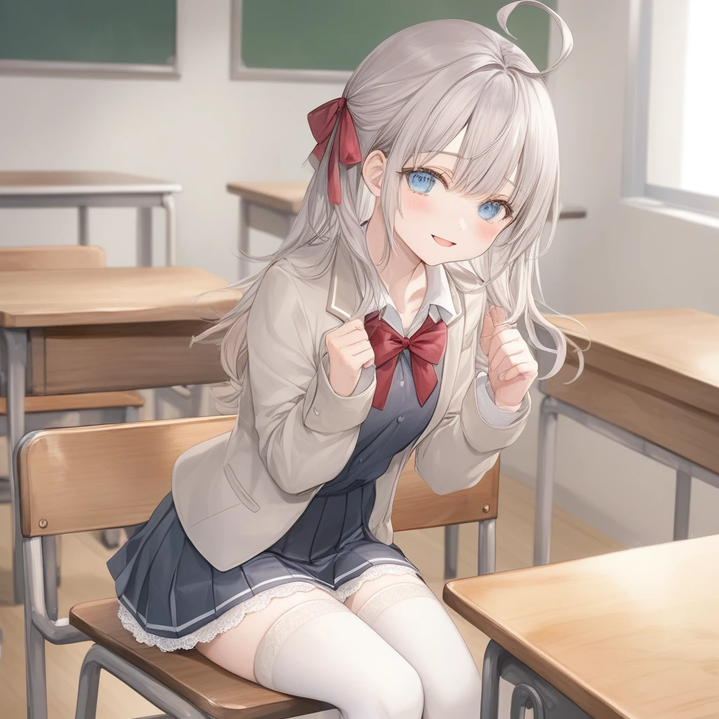 ((best quality, high resolution)), (delicate illustration), (pastelcolor:0.6), (watercolor:0.3), ((beautiful:1.3)), 4k, 1 girl, tareme, cute, (happy), long hair, blue eyes, grey hair, hair between eyes, bangs, ahoge, , open jacket, collared shirt, red bow, long sleeves, pleated skirt, hair ribbon, red bowtie, white shirt, beige blazer, ((White thighhighs:1.5)),zettai ryouiki, (lift skirt), (()), (((Well designed White Lace panties))), Long Hair with Feathered Ends, (cowboy shot), in the classroom,