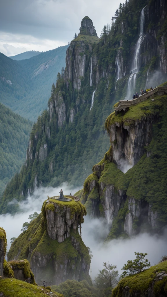 "A bird's-eye view of a mountain ridge with a line of massive, 50-meter-tall grotesque statues resembling skeletons, each covered in moss and vines. These towering statues are lined up along the mountain peaks, following the natural curve of the terrain. The statues have eerie, hollow eyes and decayed features, creating a haunting and unsettling atmosphere. The scene is set on a misty mountain top, with lush, green foliage covering the mountainside. The perspective emphasizes the enormous height of the statues and their endless line stretching along the ridge, blending seamlessly into the rugged landscape and evoking a sense of awe and fear. The image should be highly detailed, with realistic textures and lighting, capturing the depth and intricacies of the statues and the surrounding natural environment in 4K quality."