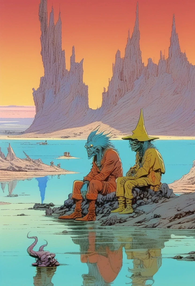 Mobis (Jean Giraud) Style - A picture by Jean Giraud Mobis, The picture shows three sad demons resting by the water, 巨大的水晶金字塔背景western backdrop in Mobis' signature style with sharp detailing and vibrant colors. Shot with Panavision Panaflex Gold II and Ultra Panavision 70 lenses, The image is full of film grain and low-key lighting,It creates a mysterious and tense atmosphere.