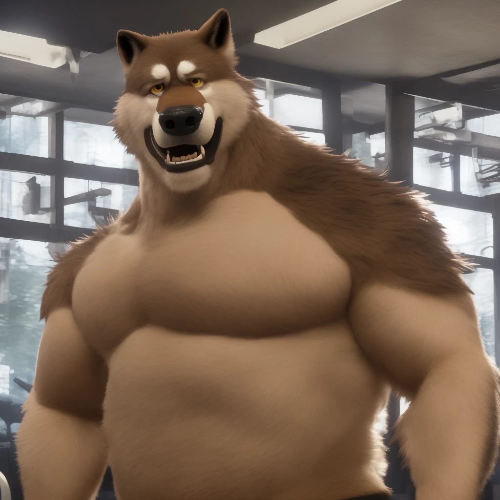 furrender style, a large muscular wolf, wearing boxing shorts and belt, shirtless and topless, gym background, punching movement training, cartoony eyes, photorealistic, 35mm, cinematic lighting and color grading, sharp focus