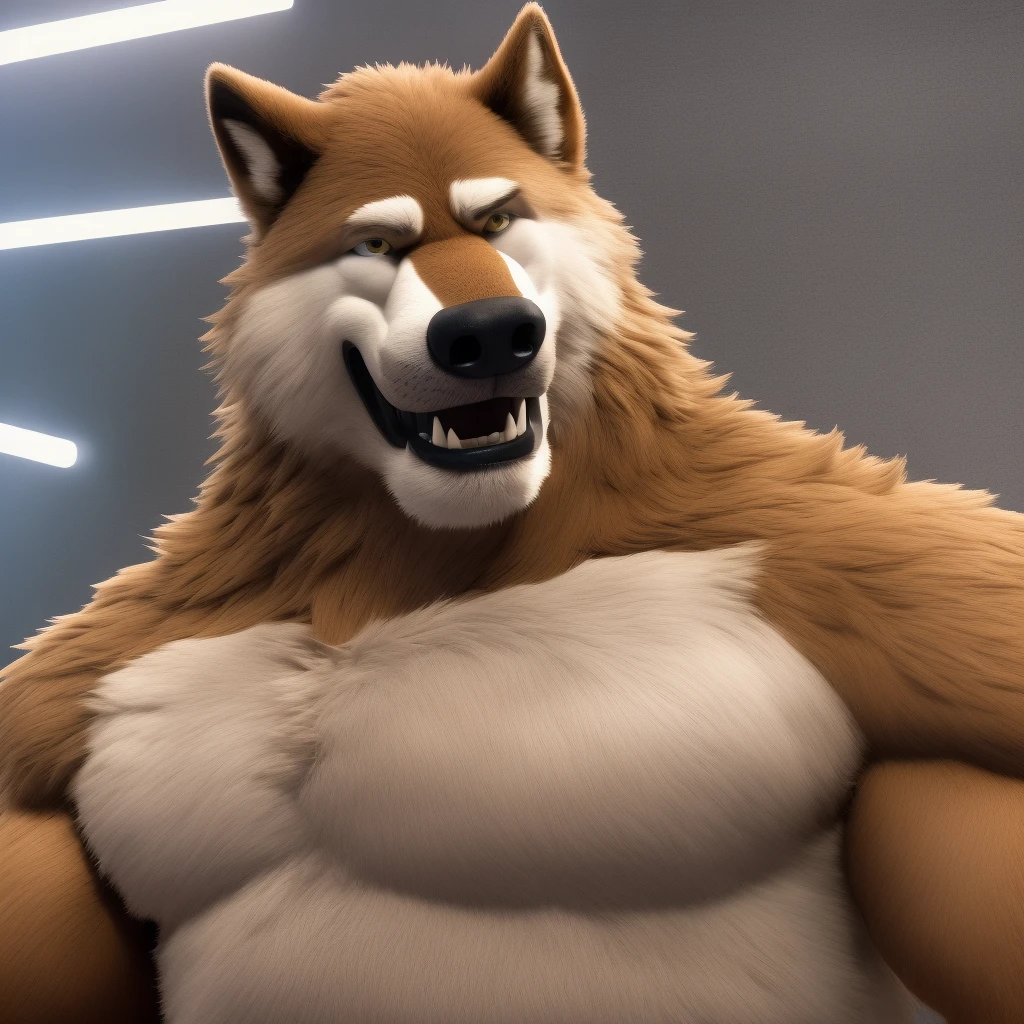 furrender style, a large muscular wolf, wearing boxing shorts and belt, shirtless and topless, gym background, punching movement training, cartoony eyes, photorealistic, 35mm, cinematic lighting and color grading, sharp focus