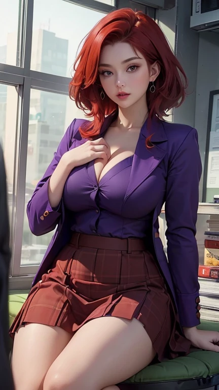 (((Full and soft breasts,)))(((Huge breasts))) (((Cleavage))) (Perfect curvy figure)An attractive sexy hexagonal girl with a big breast wearing red hair, Messy Cut, Her green eyes, Wearing a purple button-down office jacket and a purple long skirt，Wear it with black heels. 