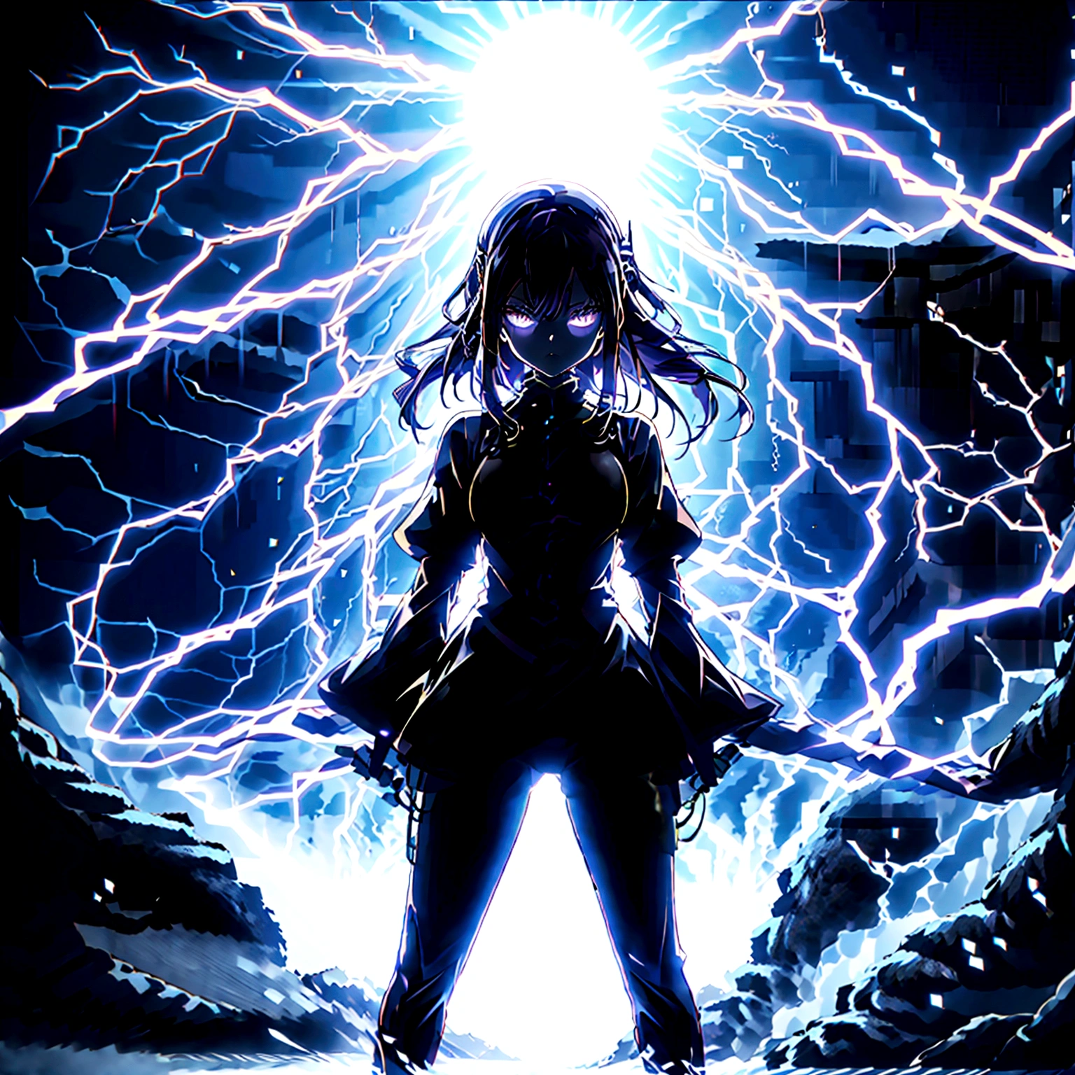 Anime girl with very long dark purple hair and a flower hair accessory wearing black short jeans with latex socks and a sport shoes wearing a cut shirt with no sleeves and half cut from below showing her belly with a black vest with short latex gloves purple glowing eyes holding a very long katana and in her other hand a very tall scabbard as she's surrendered with purple thunder while giving a calm look on her face background city at night in Jujutsu Kaisen style while approaching a weird creature 