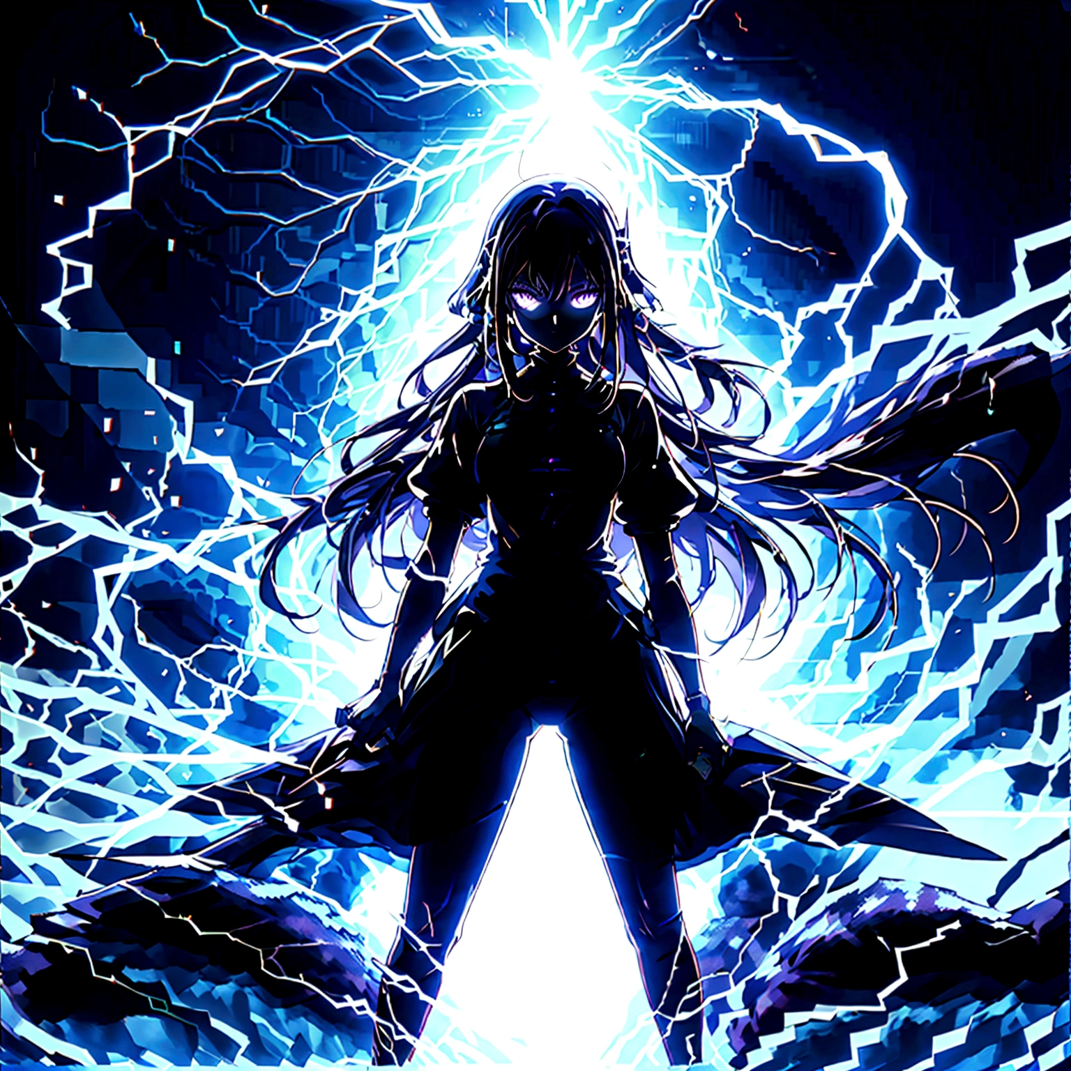 Anime girl with very long dark purple hair and a flower hair accessory wearing black short jeans with latex socks and a sport shoes wearing a cut shirt with no sleeves and half cut from below showing her belly with a black vest with short latex gloves purple glowing eyes holding a very long katana and in her other hand a very tall scabbard as she's surrendered with purple thunder while giving a calm look on her face background city at night in Jujutsu Kaisen style while approaching a weird creature 