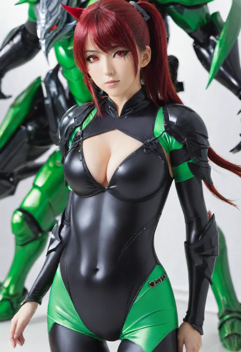1girl, solo, Mina Ashiro \(Kaiju No.8\), mature female, armor, bodysuit, long hair, hair between eyes, mole_under_eye, red eyes, ponytail, hair ornament, green black bodysuit, armour, triangle hair clip, thighs,