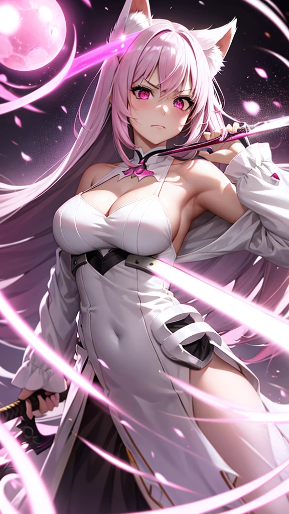 An adult woman, half fox, pink and white ears, pink and white hair, pink eyes, little white and black dress, wide breasts, very angry, holding a sword