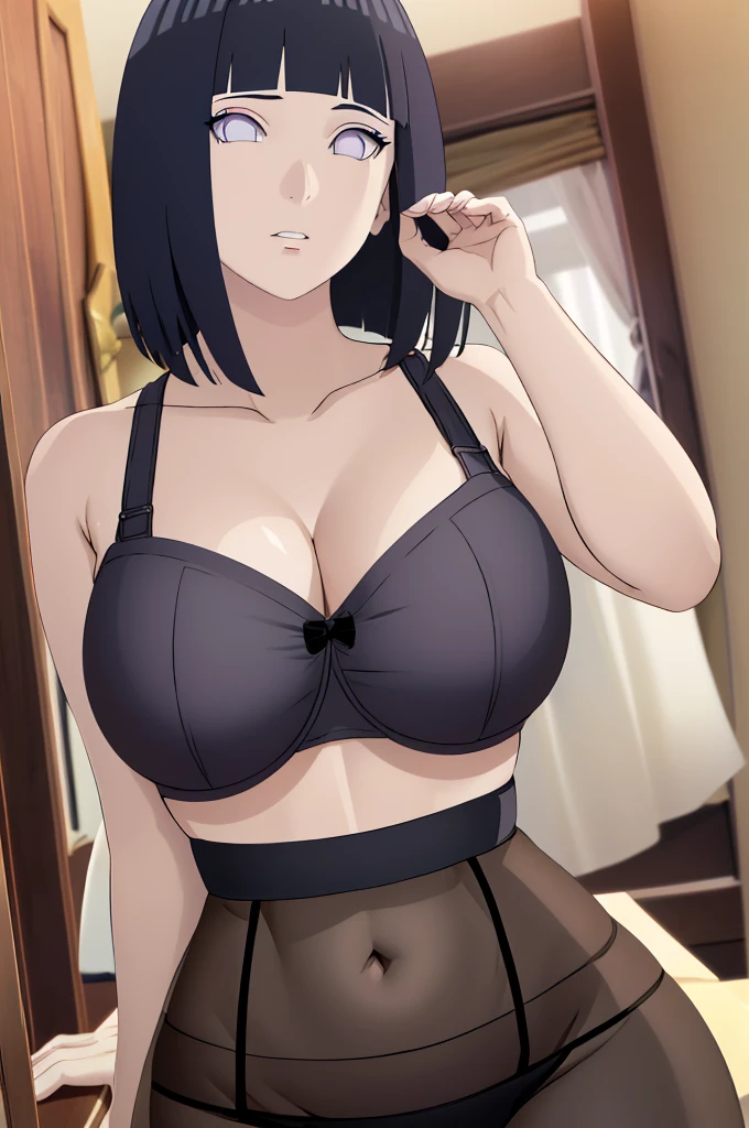 masterpiece, absurdres , (intricate details), (colorful),cinematic lighting,extremely detailed CG unity 8k wallpaper ,hinata\(boruto\), 1girl,solo, large breasts, (hinata, hyuuga hinata, purple eyes, blunt bangs, black hair) big breasts, perfect breasts, large breasts, round breasts, sexy body, slim waist, nice hips, skinny, nice thighs, black bra, cleavage, bare shoulders, collarbone, tight bra, underboob, slim waist, red bikini, hands behind head, background, photoshoot, white backdrop, perfect eyes, glowing eyes, beautiful eyes