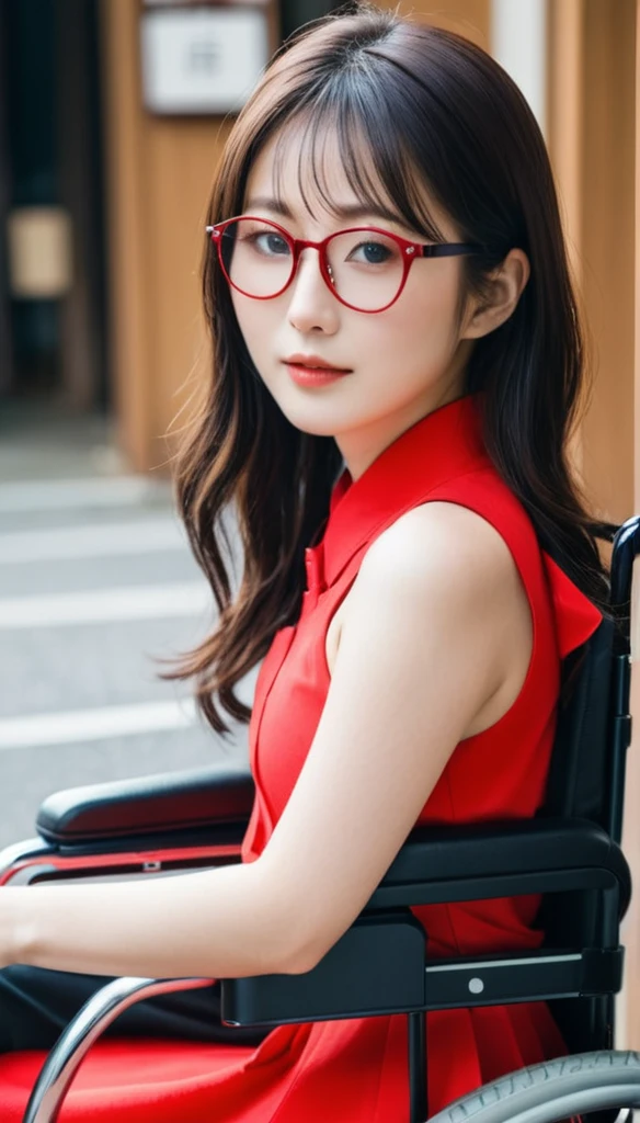 A beautiful Japanese girl in a wheelchair, with red glasses.