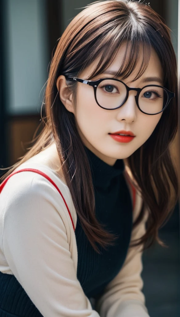 A beautiful Japanese girl in a wheelchair, with red glasses.