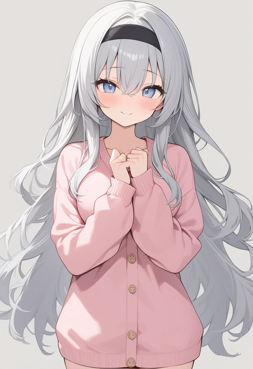 Simple Background,masterpiece,Highest quality,female,smile,Wavy long hair,Gray Hair,Cute eyes,薄いピンクのCute eyes,Pink Cardigan、Black headband、
